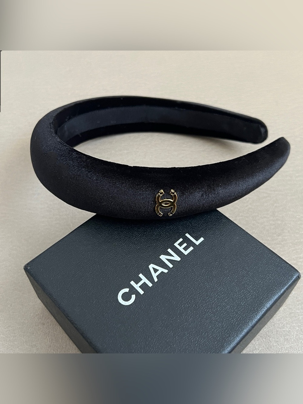 CHANEL Black Satin Padded Headband with Gold CC Charm